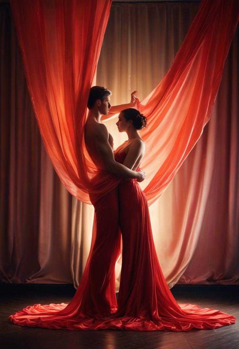 A captivating scene depicting two graceful acrobats intertwined in a passionate embrace, showcasing their athleticism and sensuality in an intimate performance. The backdrop is a softly lit, elegant stage adorned with lush fabrics and delicate fairy lights. Subtle hints of red and gold add warmth and intensity, emphasizing the desire of the moment. Include flowing ribbons and silk drapes that enhance the theme of sensuality. surreal art. vibrant colors. soft focus.